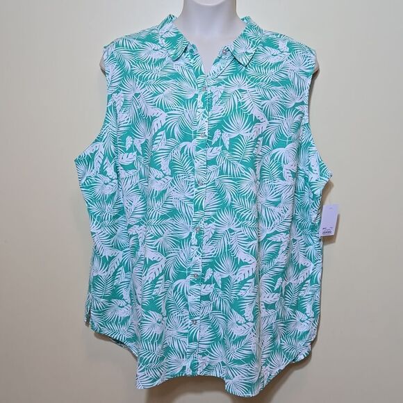 Croft & Barrow Linen Button Down Tank Women Plus 4X Collared Tropical Palm Leaf - Picture 1 of 13